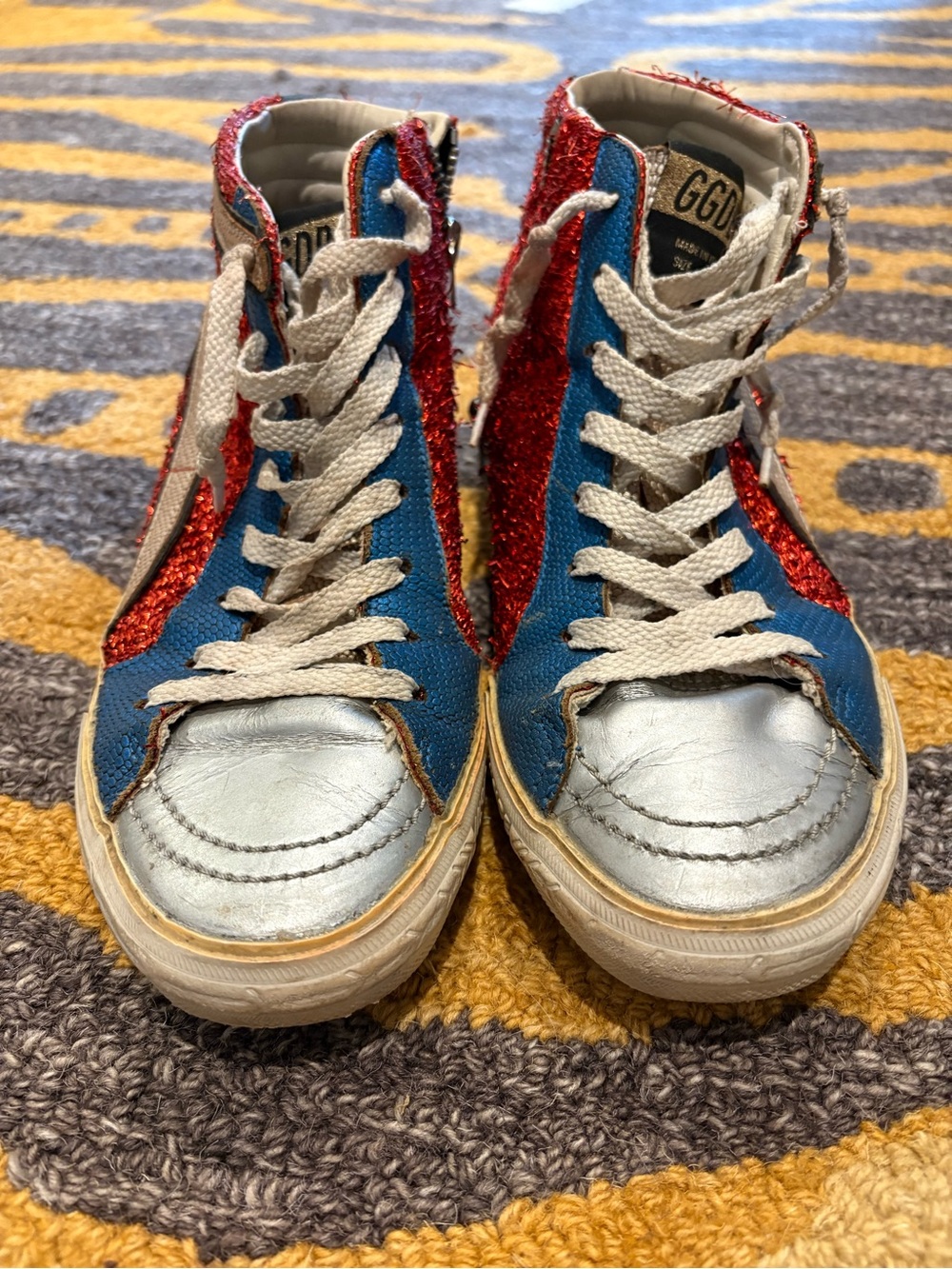 Golden Goose Blue, Silver & Red Glitter High-Top Sneakers